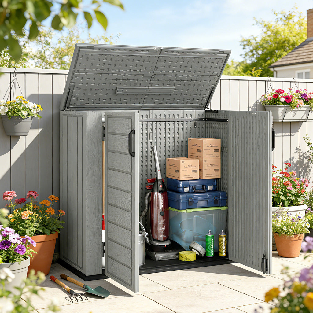 33 Cu.ft Plastic Outdoor Storage Shed, Storage Cabinet Tool Box with Lockable Double Doors and Flip-Top Lid Light Grey