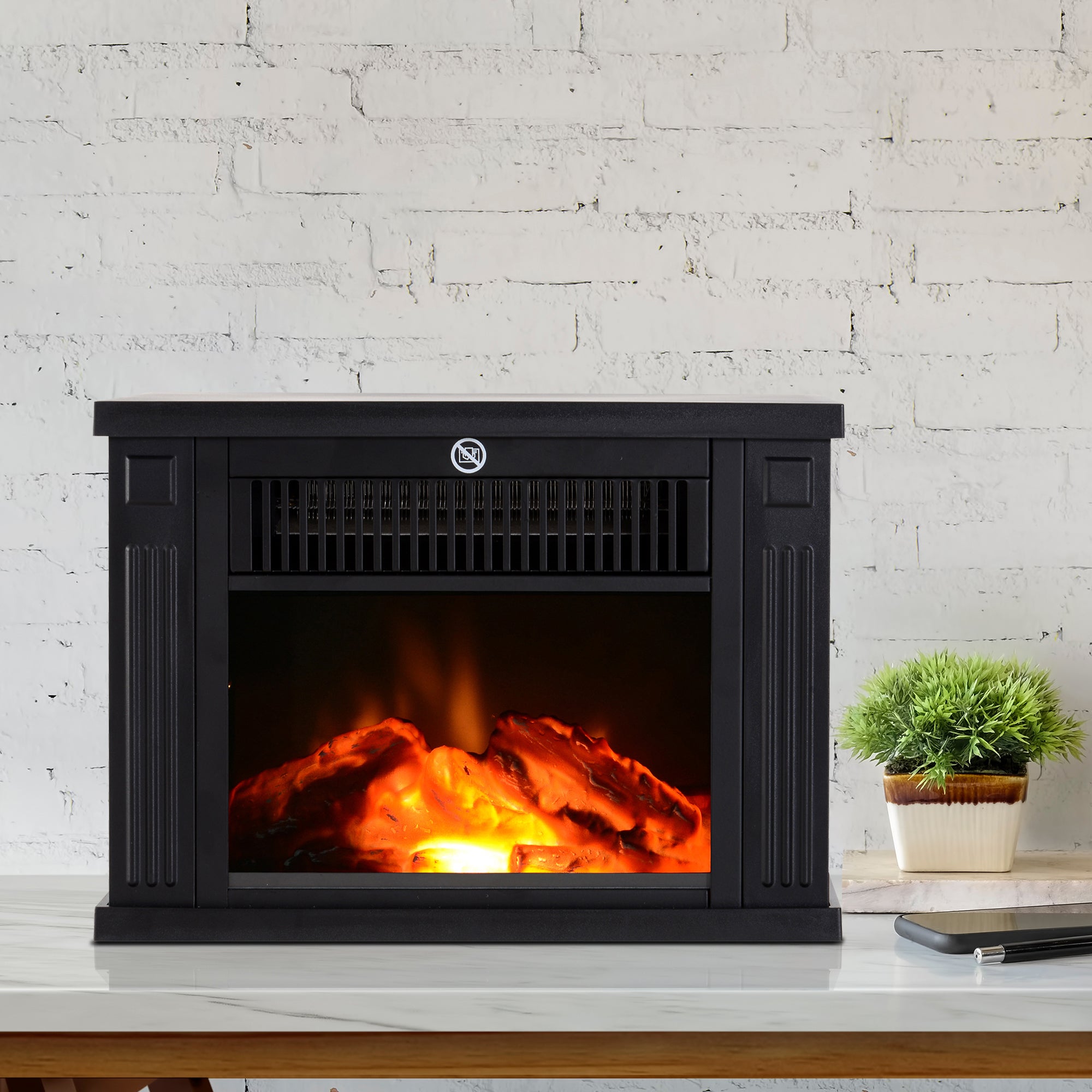 14" 1000W Mini Standing Electric Fireplace Portable Heater with Overheating, Black