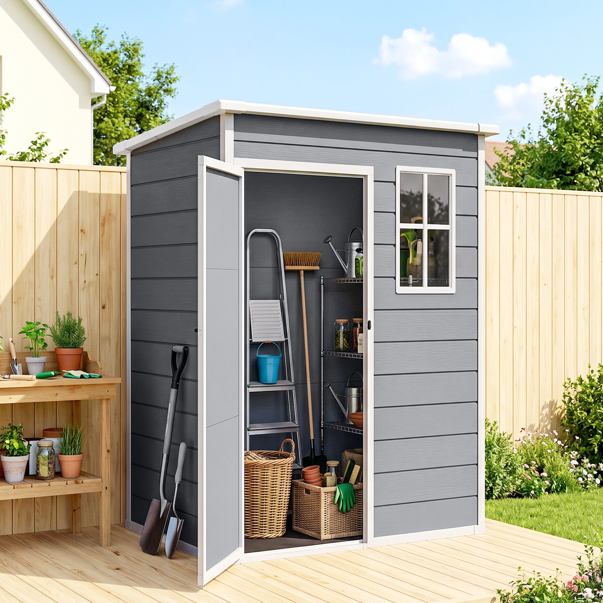 5 x 3FT Garden Shed with Floor, Outdoor Storage Shed with Lockable Door, Window and Vent for Backyard, Patio, Grey