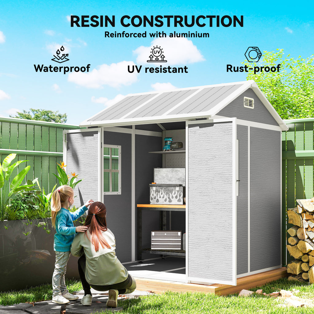 6' x 6' Resin Outdoor Storage Shed with Floor, Window, Lockable Doors and Vents for Backyard Patio Lawn, Grey