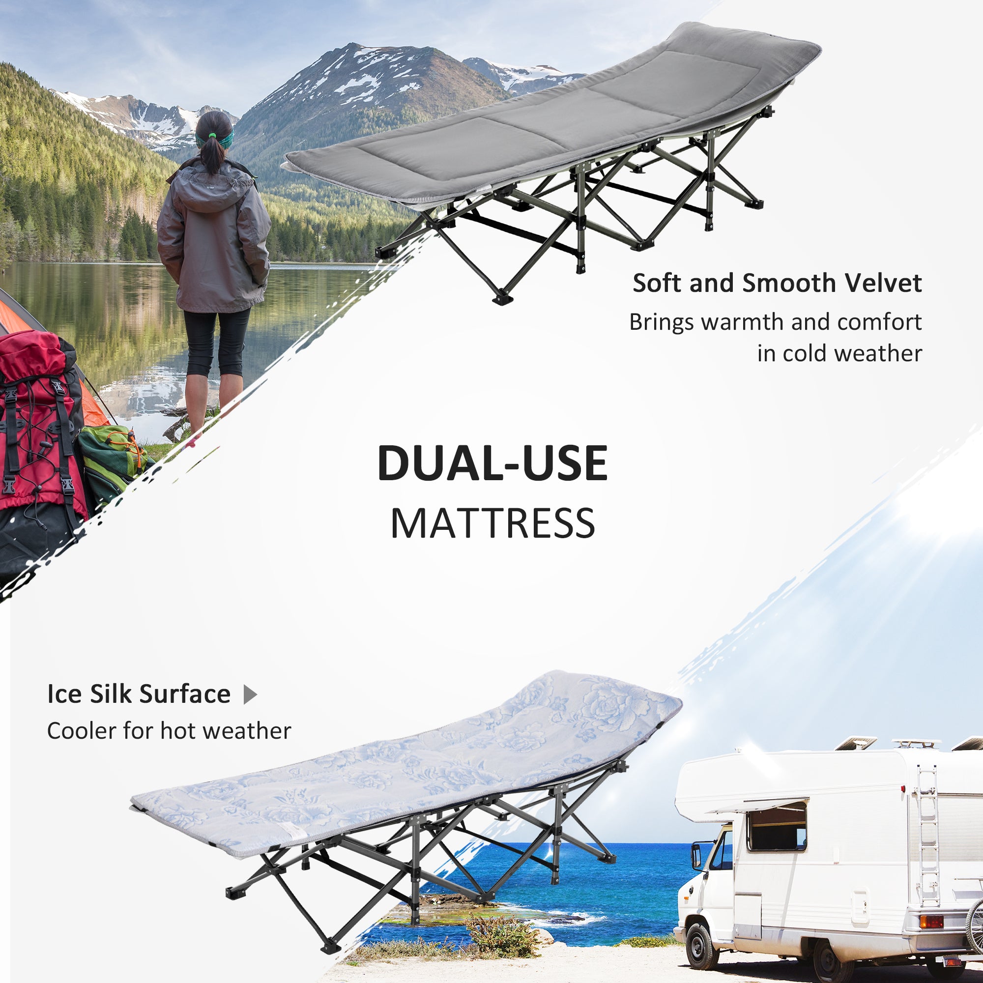 Folding Camping Cot with Mat & Pillow, Double Layer Oxford Heavy Duty Sleeping Cot with Carry Bag Light Grey