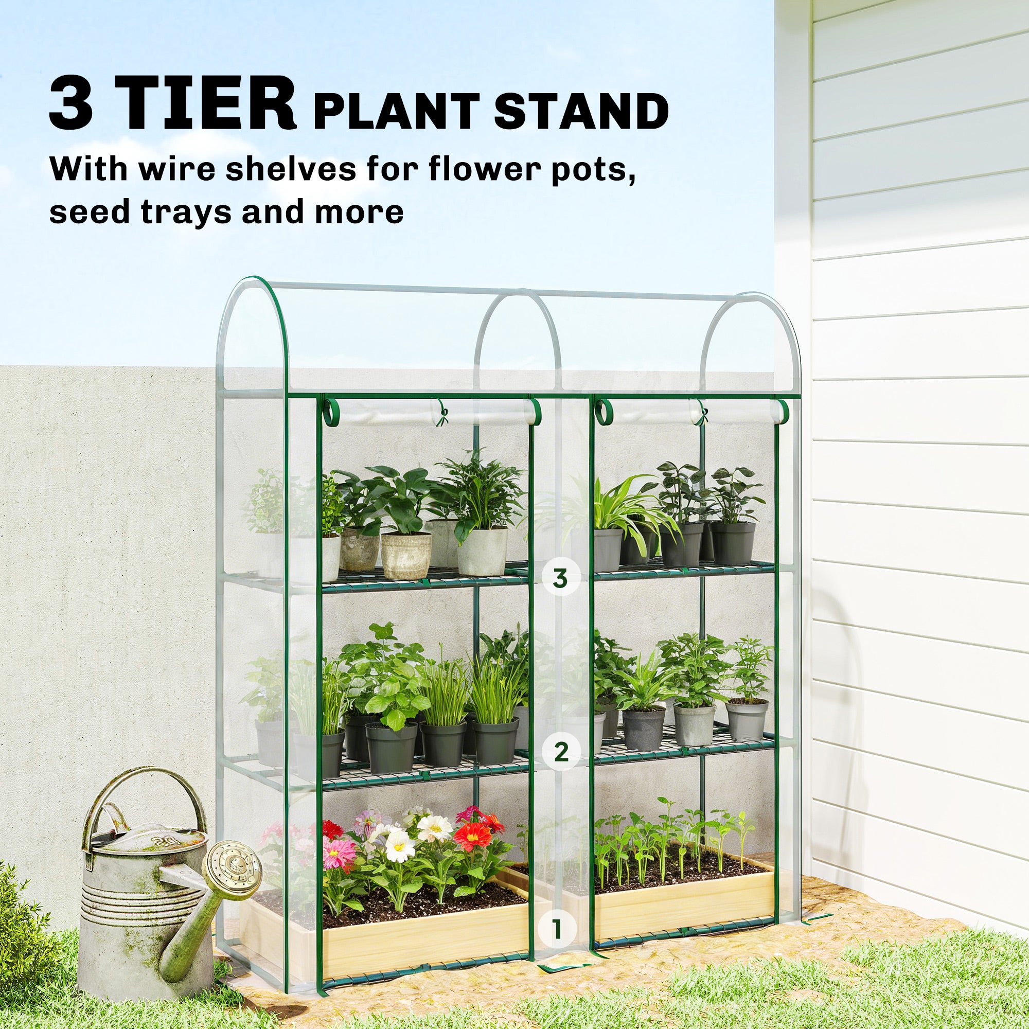 3 Tier Mini Greenhouse, Portable Greenhouse with 2 Roll-up Doors, 56.3" x 18.1" x 64.6", Clear