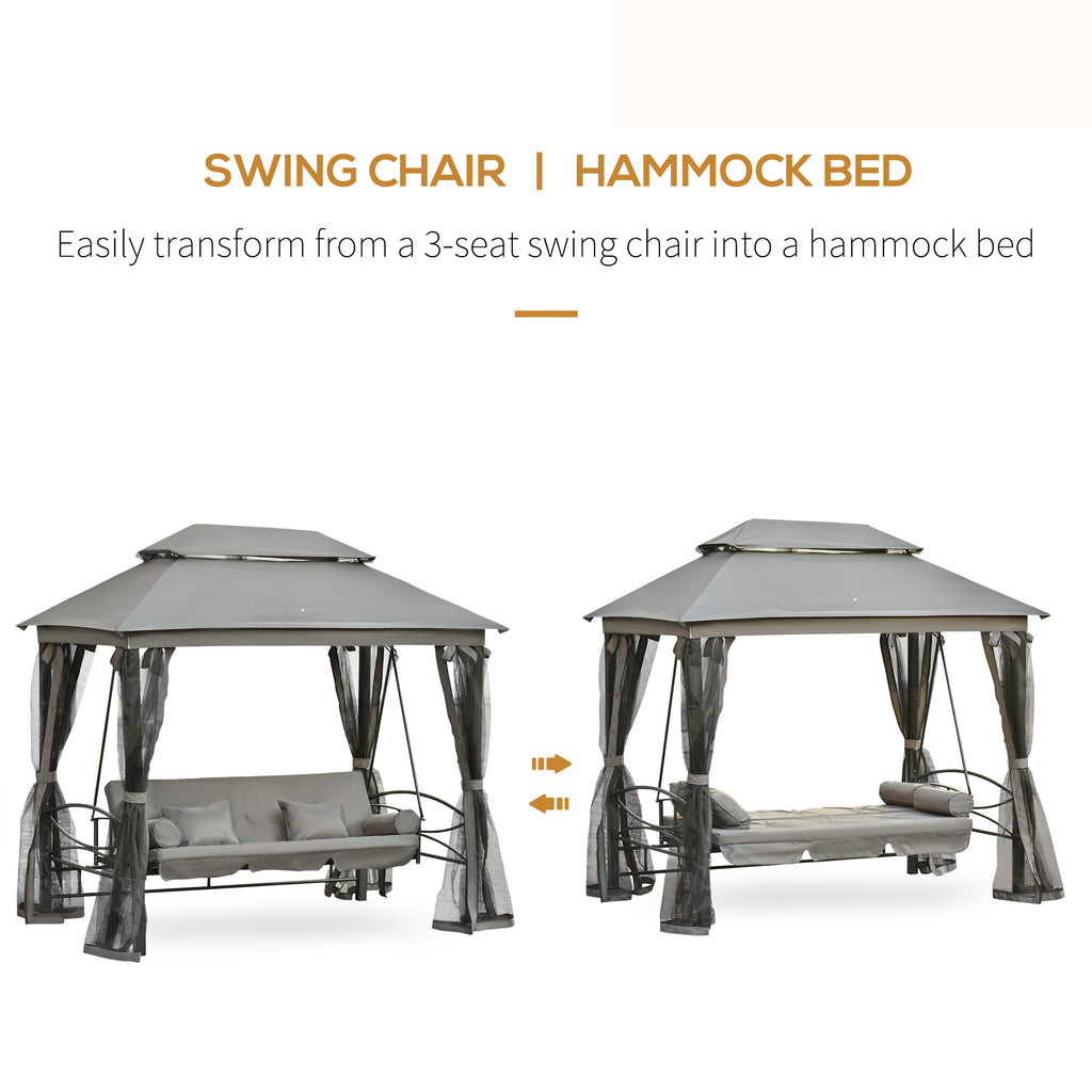 3 Person Outdoor Patio Daybed, 3 in 1 Canopy Gazebo Swing Chair Garden Hammock with Sun Shade, Mesh Mosquito and Net, Dark Grey