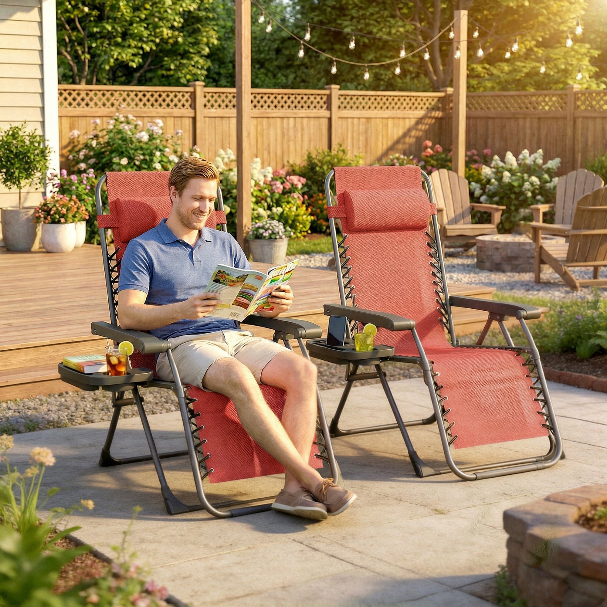 Zero Gravity Chair Set of 2, Folding Reclining Outdoor Lounge Chair with Cup Holder, Headrest, Wine Red