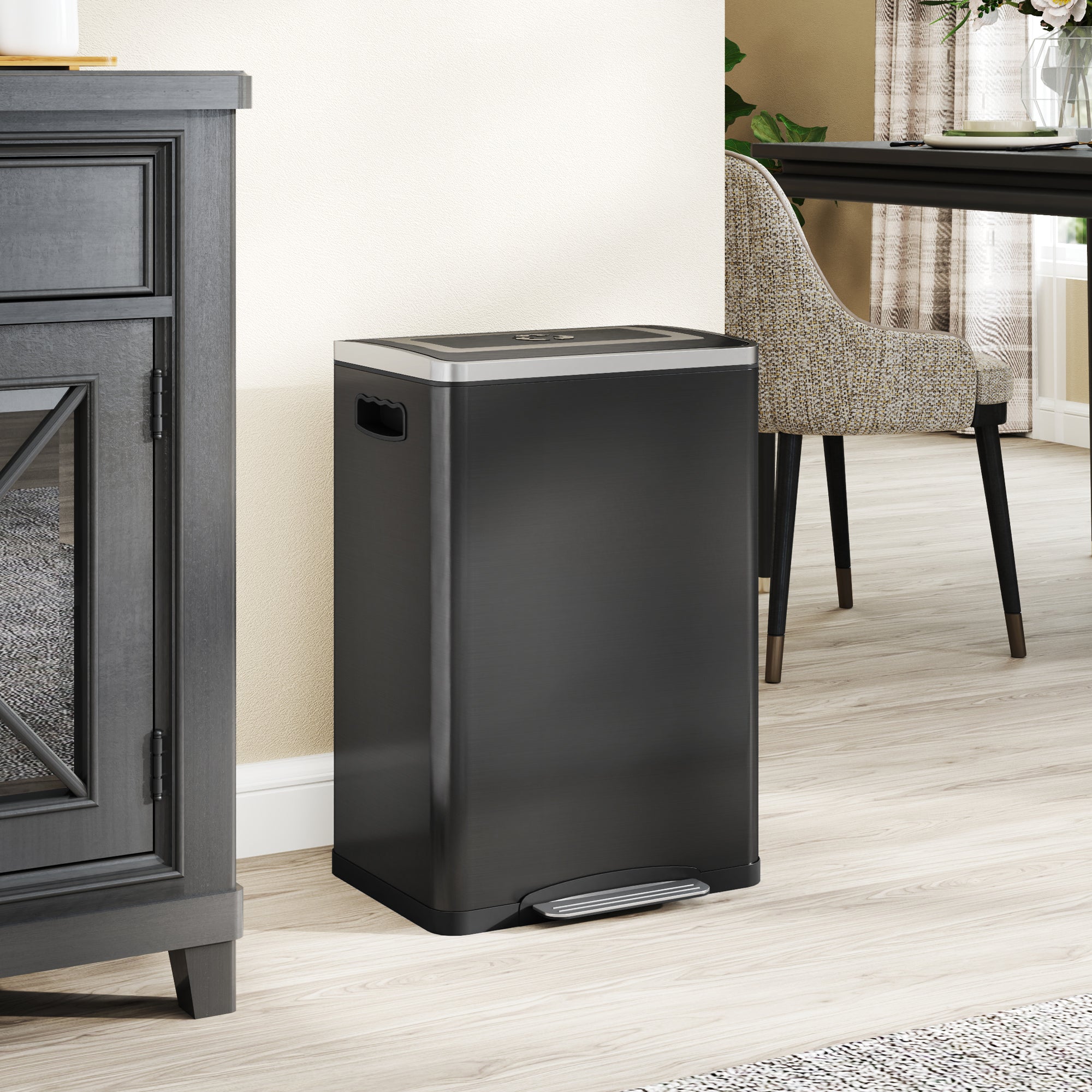2x5.3 gal (2x20 L) Garbage Bin, Stainless Steel Garbage Can with Soft-Close Lid and Removable Inner Buckets, Black