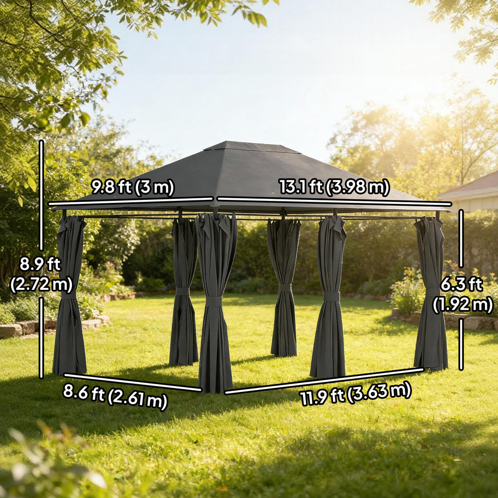 13'x 10' Soft-top Steel Patio Gazebo Canopy Party Tent with 6 Removable Curtains and Drainage Holes, Dark Grey