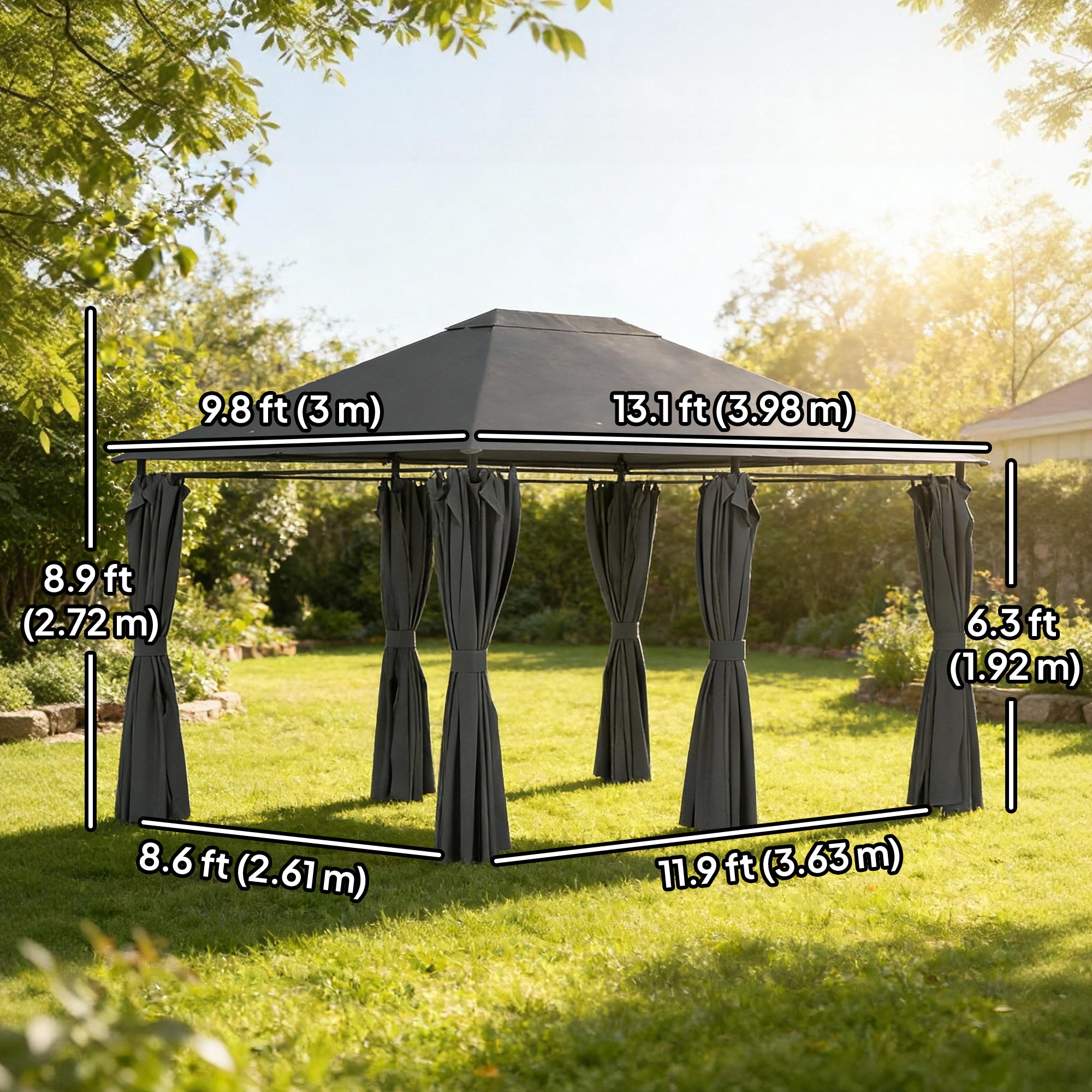 13'x 10' Soft-top Steel Patio Gazebo Canopy Party Tent with 6 Removable Curtains and Drainage Holes, Dark Grey