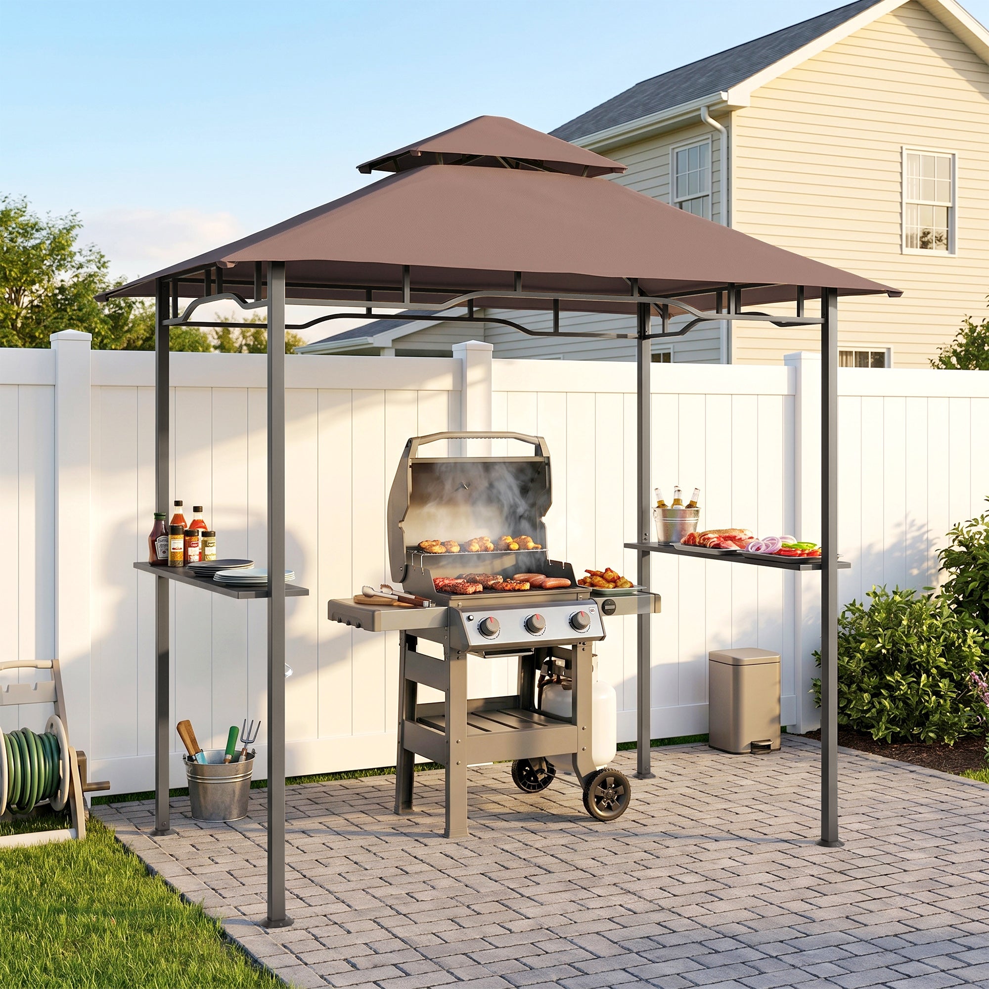 8' x 5' BBQ Grill Gazebo Tent with Double Tiered Canopy for Outdoor Sun Shade, Coffee