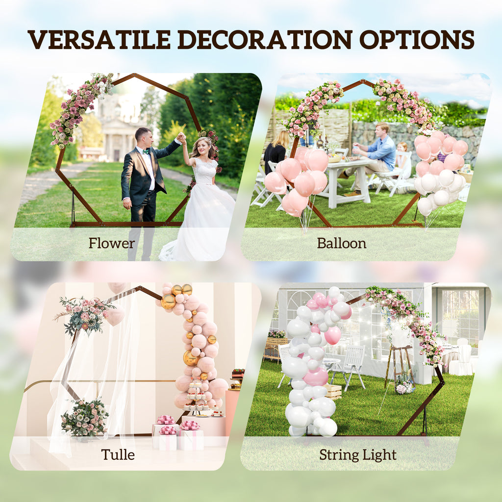 7FT Heptagon Wooden Wedding Arch with Triangular Base, Ground Stakes for Ceremony, Garden, Birthday, Brown