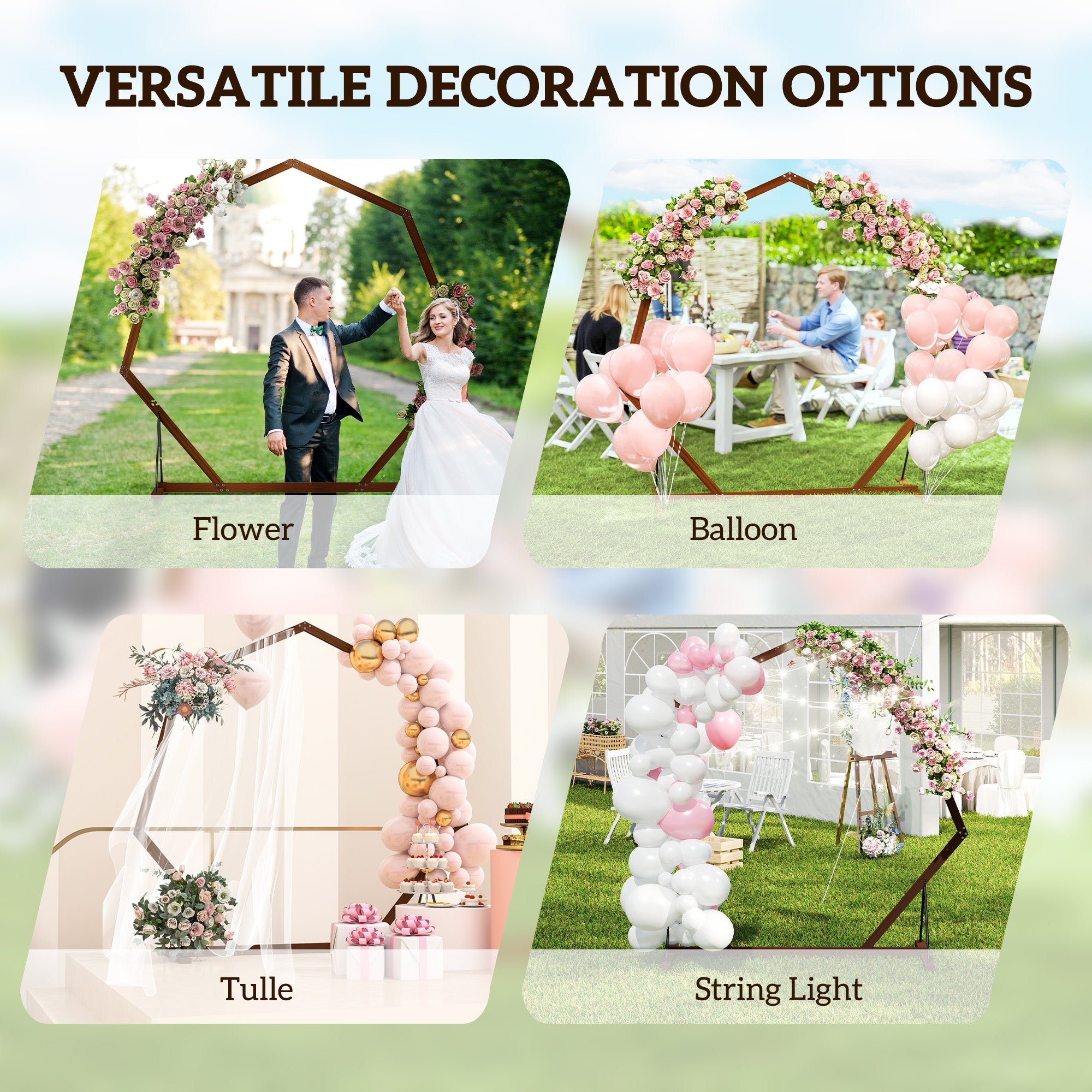 7FT Heptagon Wooden Wedding Arch with Triangular Base, Ground Stakes for Ceremony, Garden, Birthday, Brown