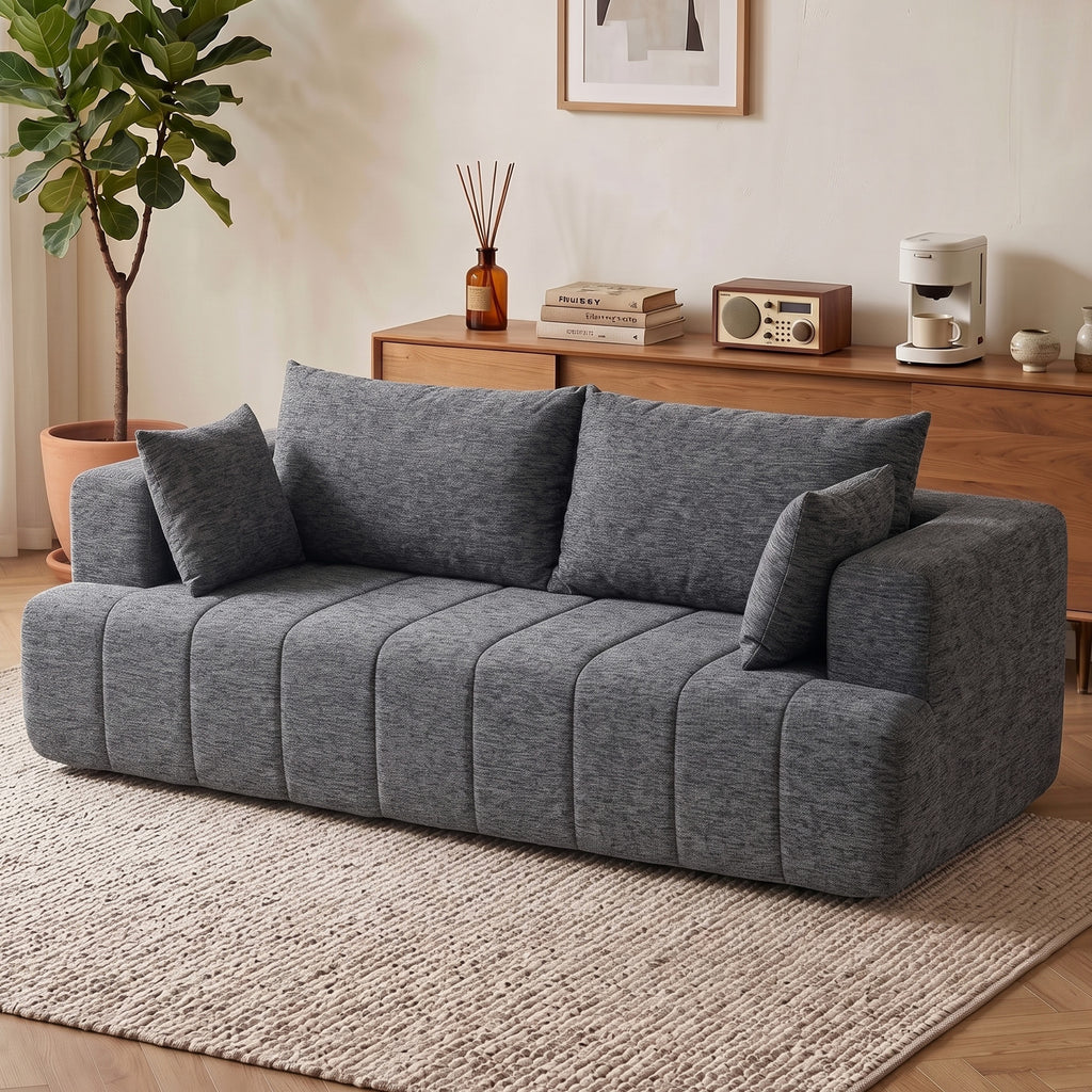 3 Seater Sofa, Chenille Boneless Cloud Couch with Thick Spring Cushion, Wide and Deep Seat, Wide Armrests, Grey