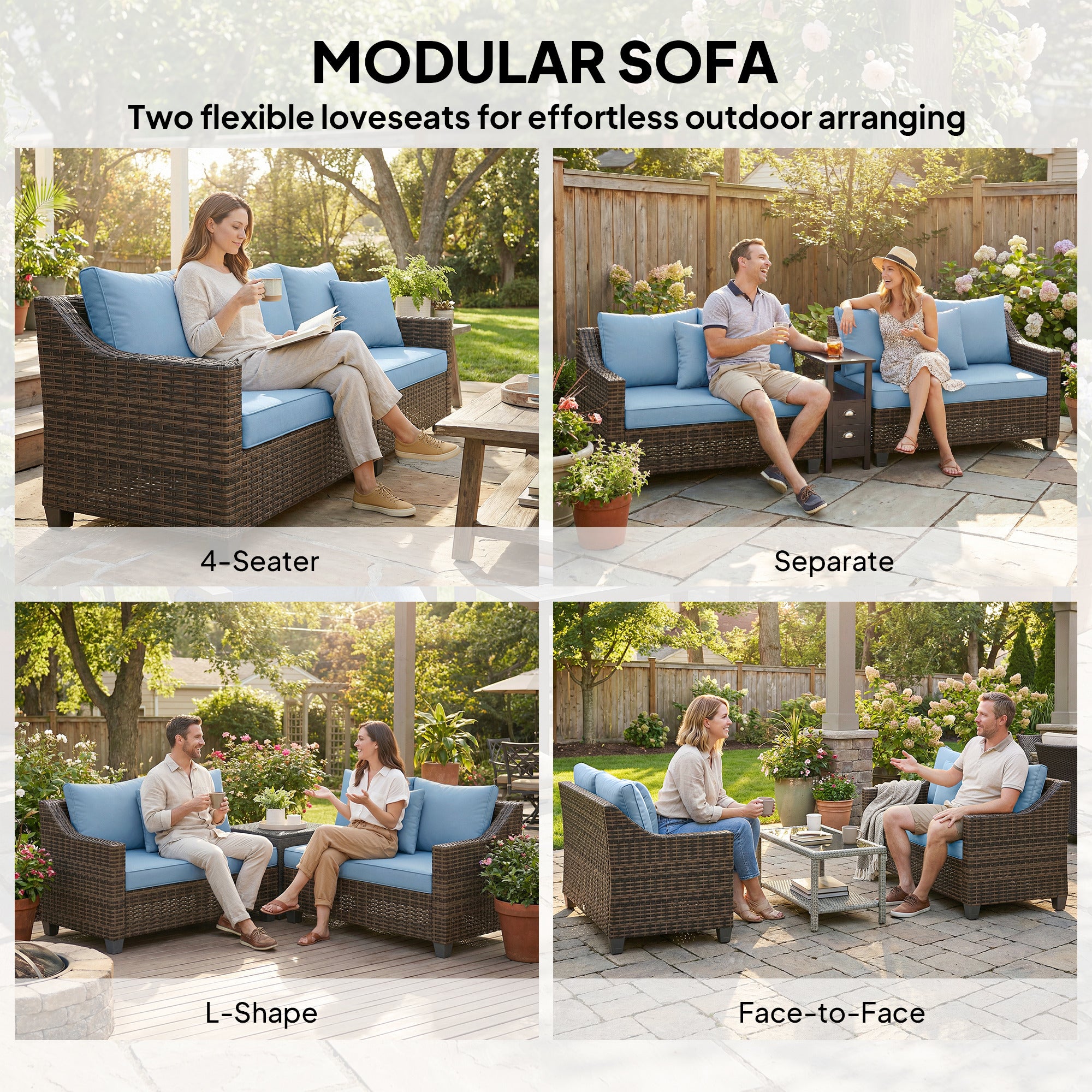 PE Wicker Outdoor Couch Sofa, 4-Seater Modular Patio Furniture Lounge Set with 2 Loveseats, Cushions, Pillows, Blue