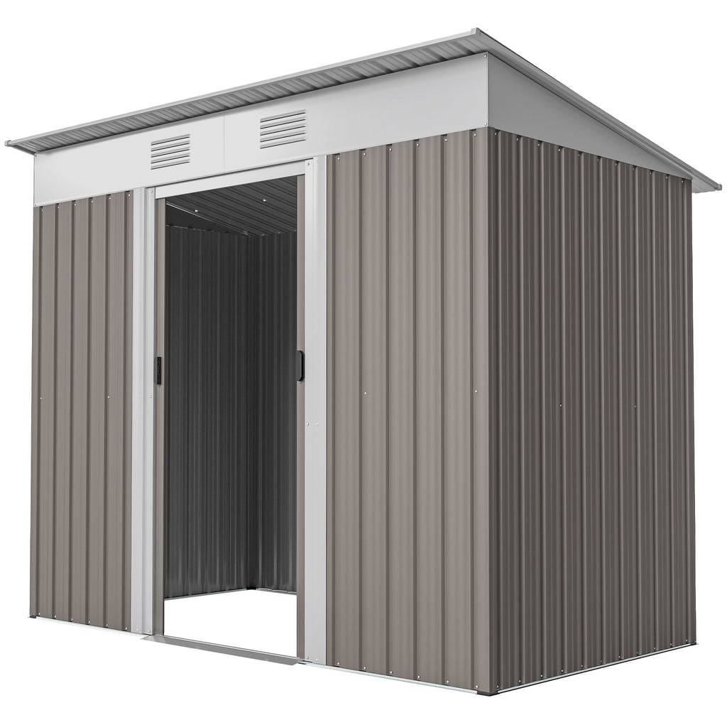 7' x 4' Outdoor Storage Shed, Metal Garden Tool Storage House Organizer with Lockable Sliding Doors and Vents for Backyard Patio Lawn, Light Grey