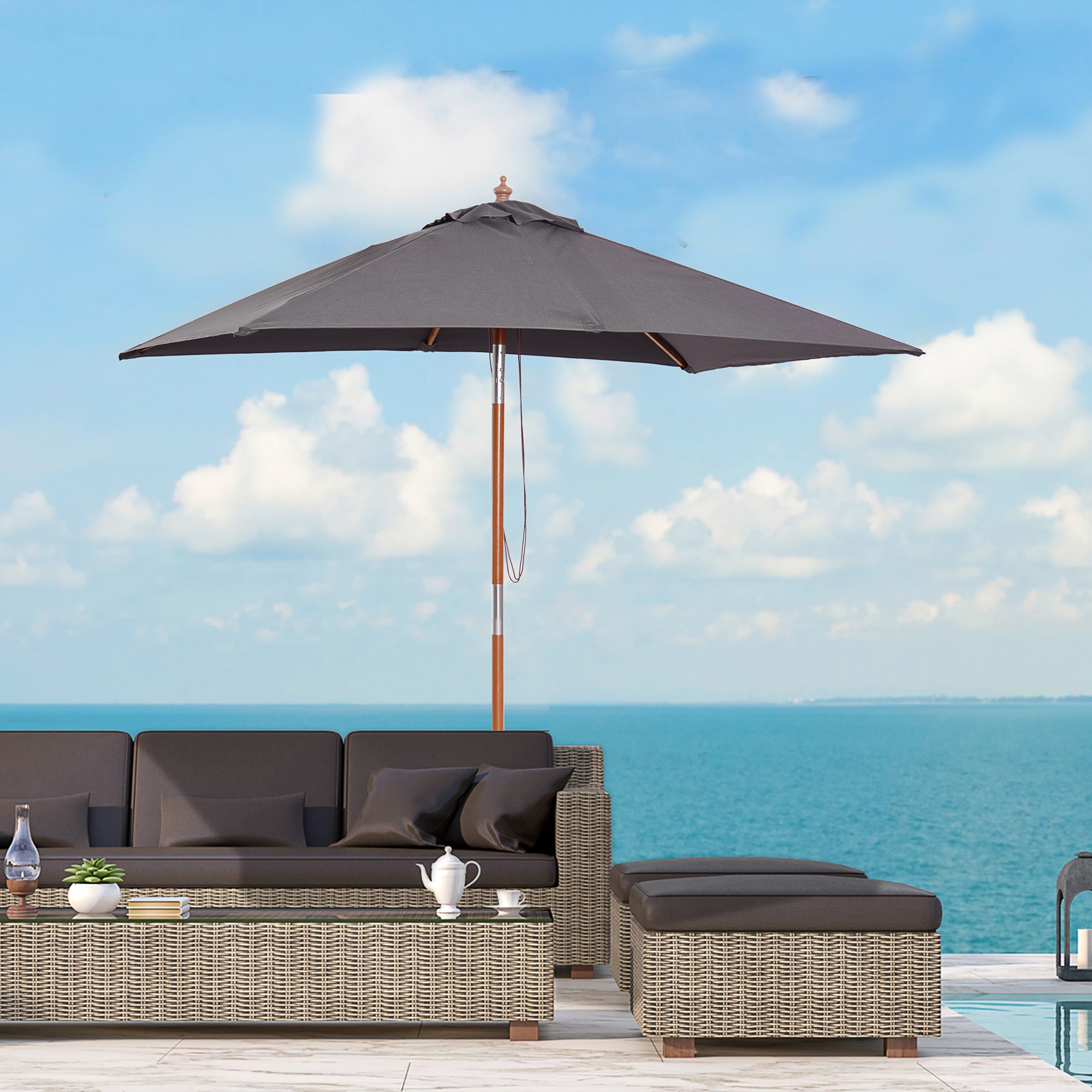 6.6x5ft Square Market Parasol, Wooden Patio Umbrella with Tilt Mechanism and 6 Bamboo Ribs, Garden Sunshade, Dark Grey