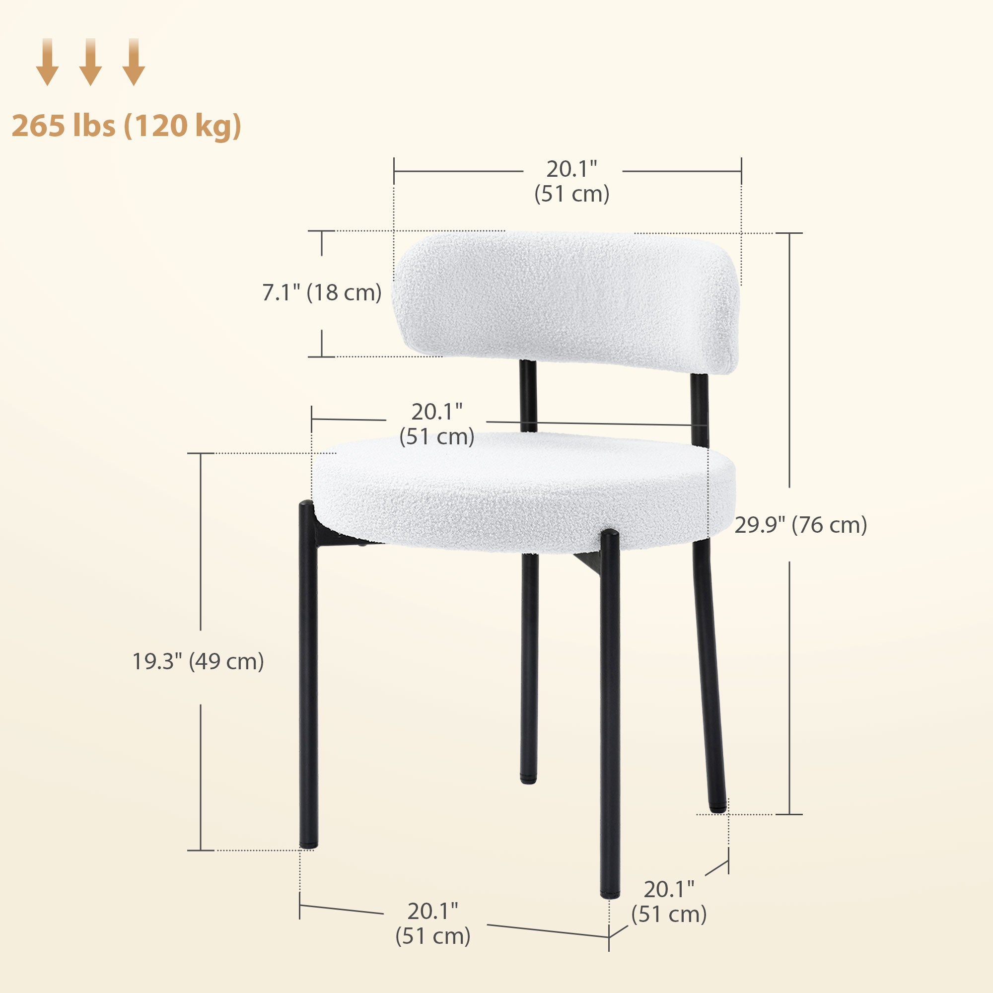 2 Pieces Kitchen Chairs, Modern Dining Chairs w/ Berber Fleece Upholstery and Steel Legs for Living Room, Cream White