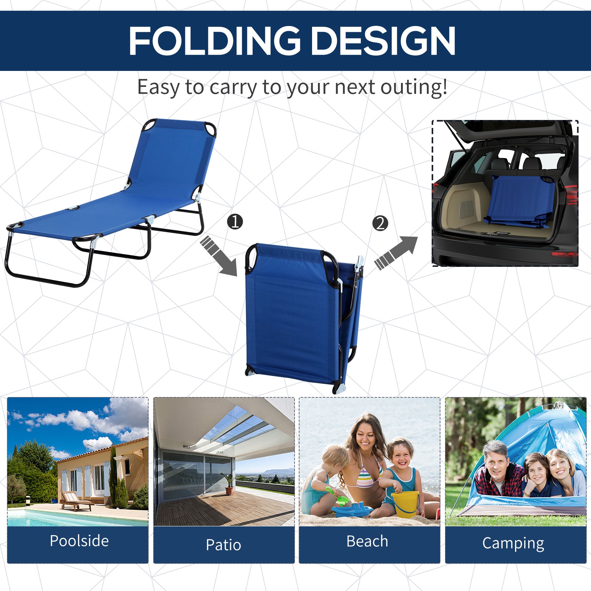 Outdoor Lounge Chair, Adjustable Folding Chaise Lounge,  Tanning Chair with Sun Shade for Beach, Camping, Hiking, Backyard, Blue