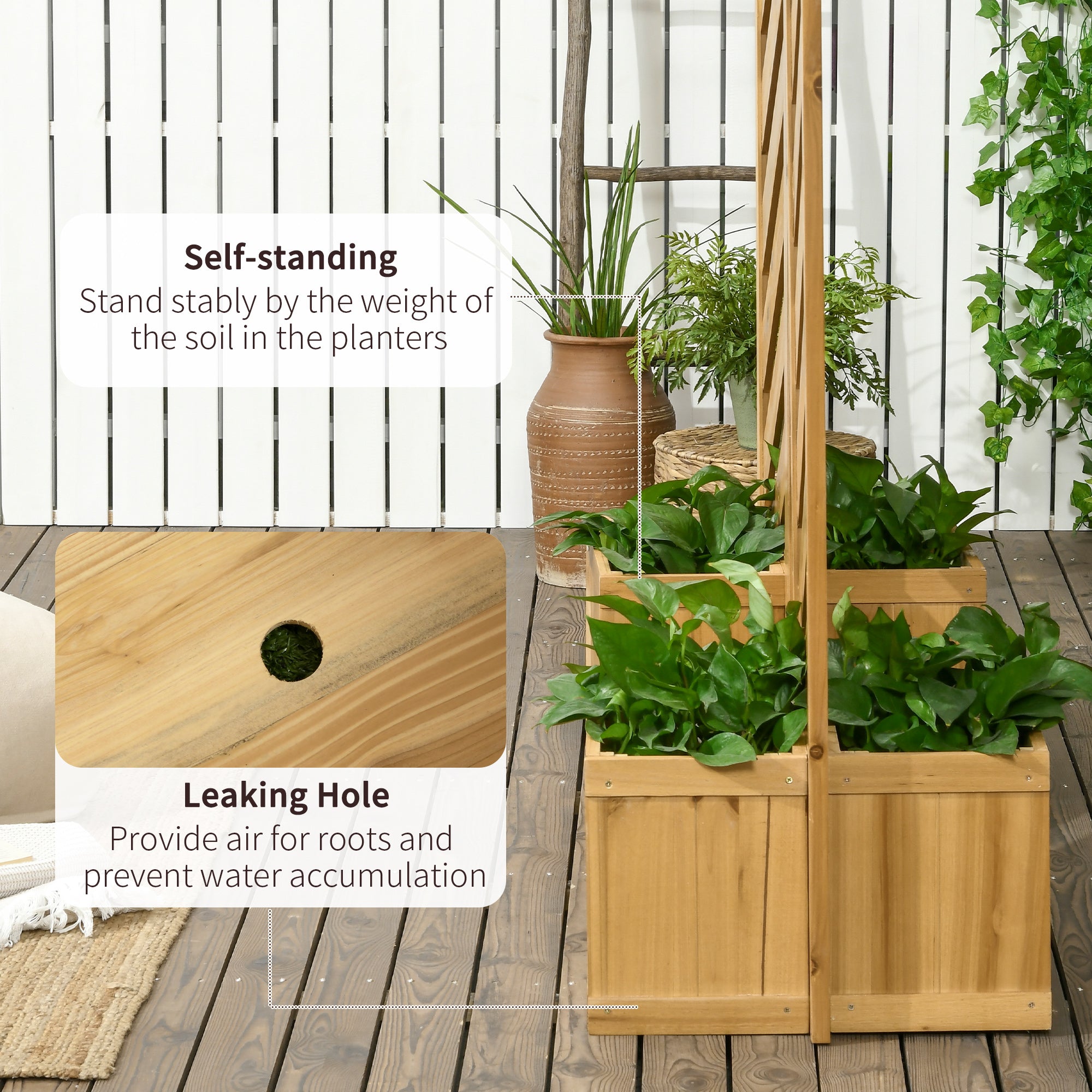 Backyard Privacy Screen - Folding 65" with Planters for Patio, Deck, and Backyard, Brown