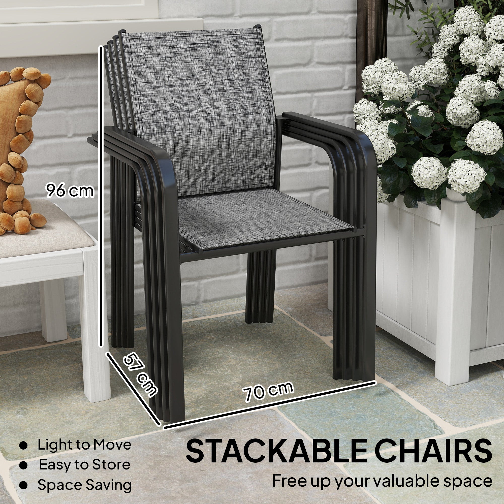 Stackable Patio Chairs Set of 4, Outdoor Dining Chairs with 20" Deep Seat, All Weather Breathable Mesh, Armrests, Grey