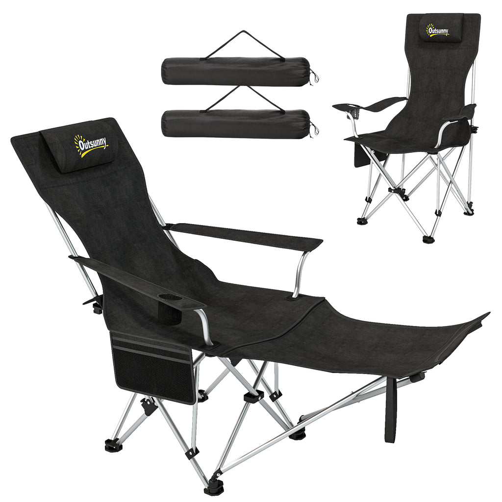 Set of 2 Reclining Camping Chair with Foot Rest, Folding Camping Chair w/ Headrest, Cup Holder, Storage Bag, Black
