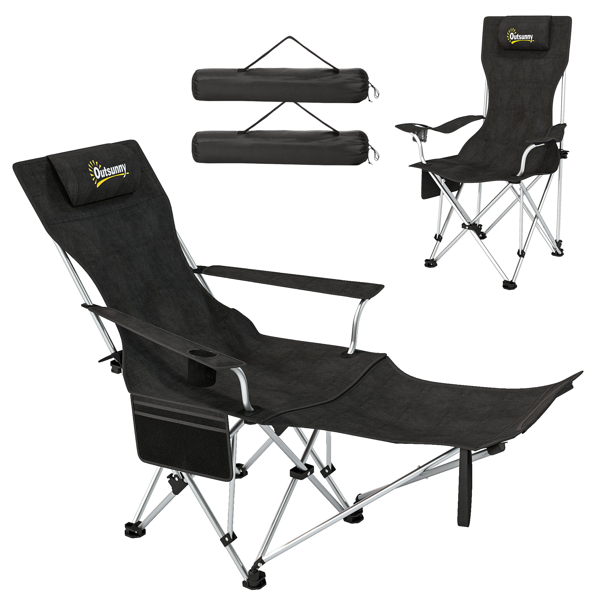 Set of 2 Reclining Camping Chair with Foot Rest, Folding Camping Chair w/ Headrest, Cup Holder, Storage Bag, Black