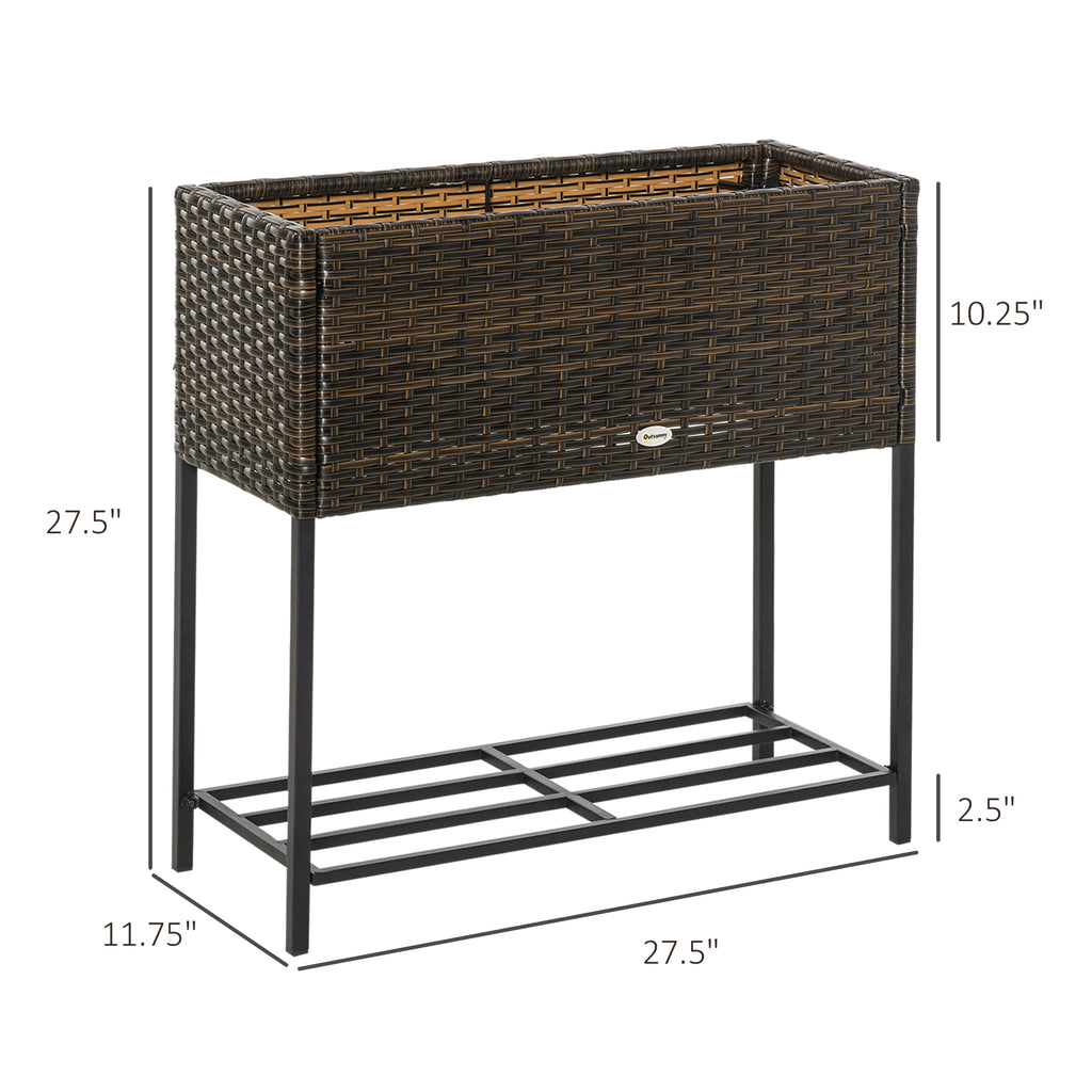 Rattan Raised Garden Boxes, Elevated Flower Beds with Storage Shelf for Herbs, Flowers, Vegetables, Brown