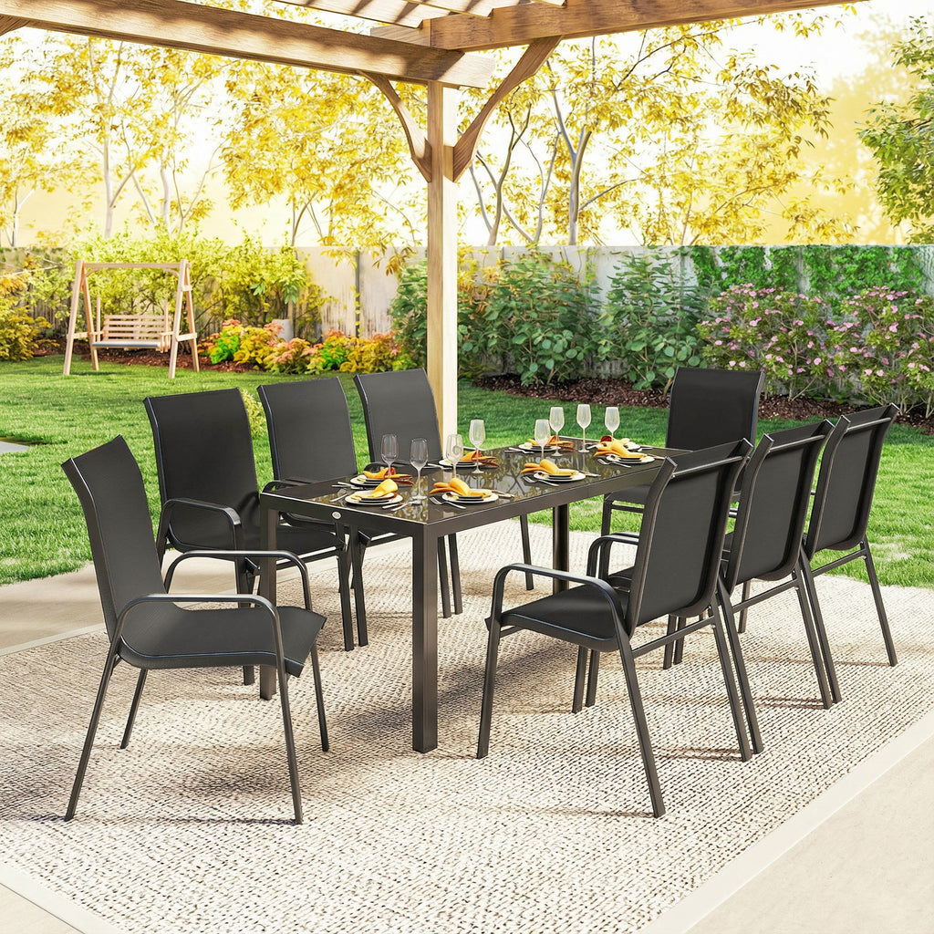 9 Pieces Patio Set with Stackable Chairs, Patio Dining Set with Glass Top for Garden, Patio, Backyard, Black