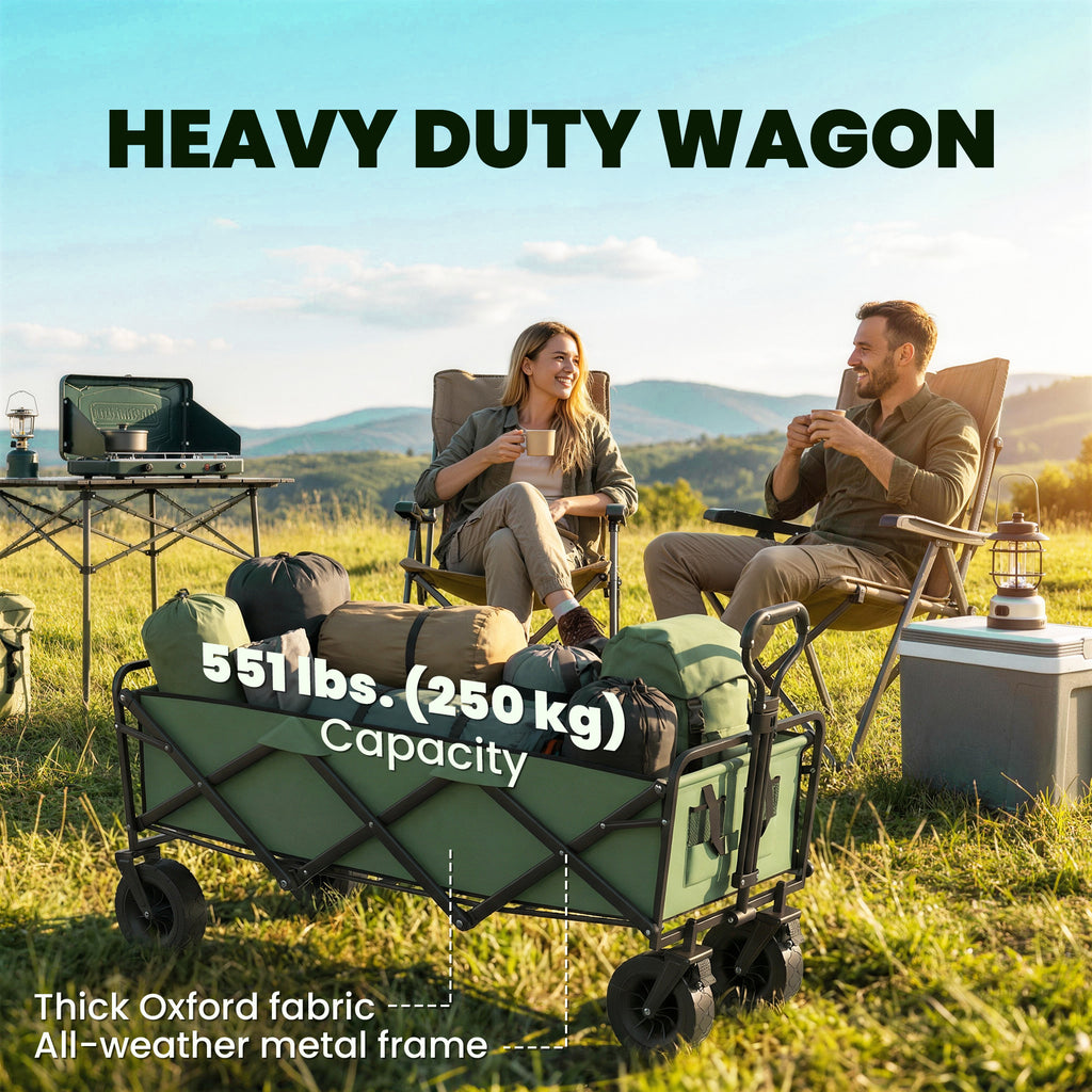 130L Folding Garden Cart with Wheels, Heavy-Duty Collapsible Wagon with Brakes, Green