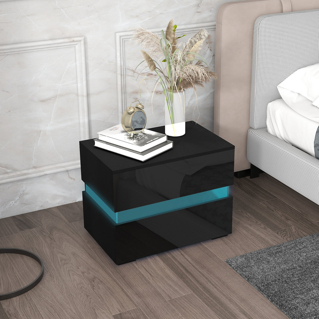 Modern Nightstand, Bedside Table with 2 Drawers, RGB LED Lights for Bedroom, Black