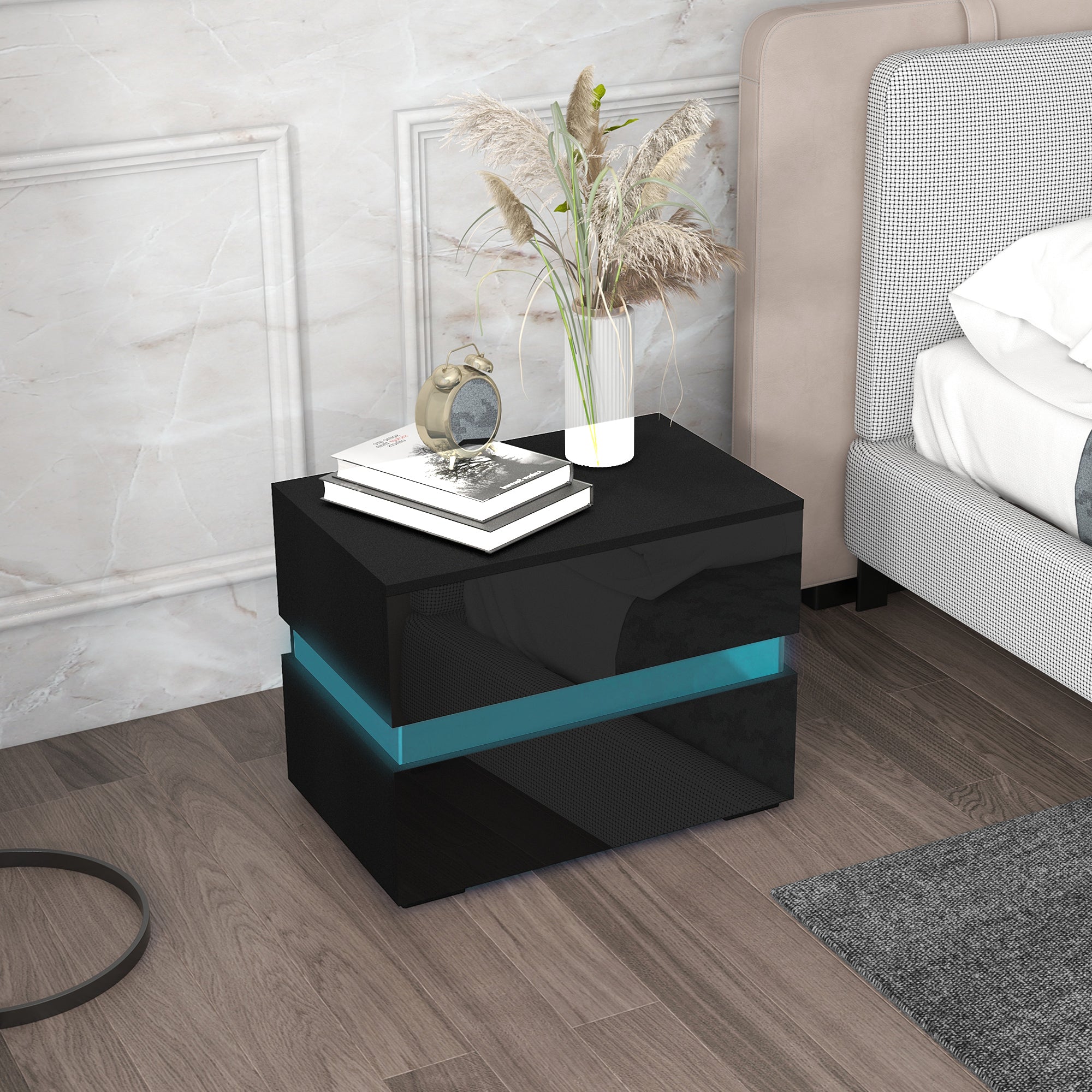 Modern Nightstand, Bedside Table with 2 Drawers, RGB LED Lights for Bedroom, Black