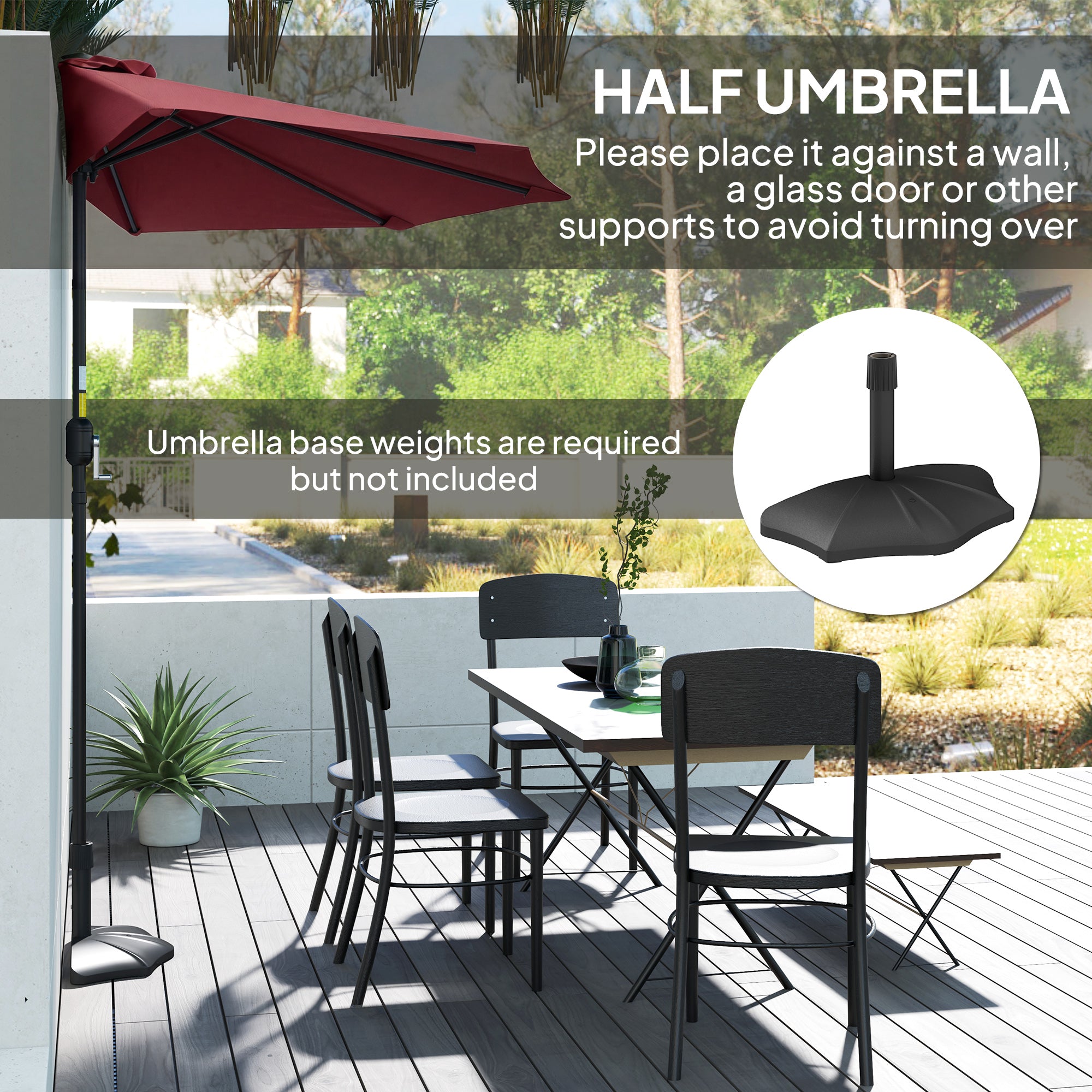 9ft Half Round Umbrella Outdoor Patio Garden Balcony Parasol Window Sun Shade w/ 5 Ribs Wine Red