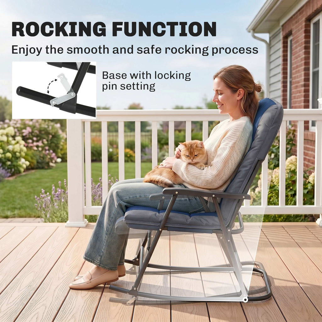 3pc Patio Foldable Rocking Chair Set, Outdoor Rocking Chairs and Table Bistro Set w/ Padded Seat, Headrest, Backrest for park, backyard, garden, Blue