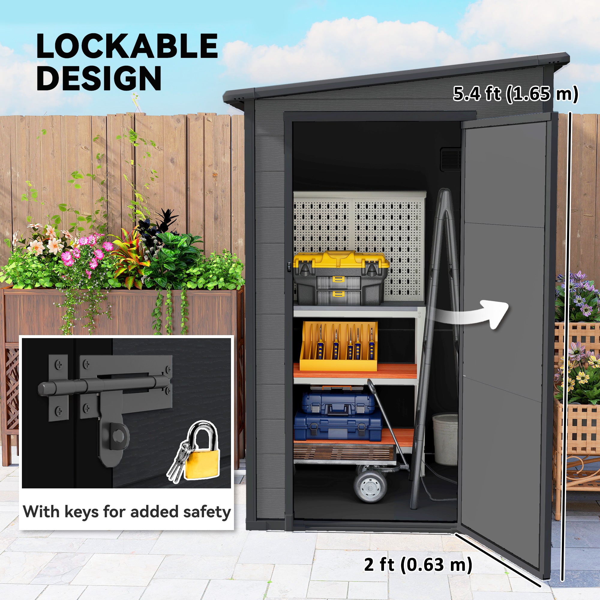 4'x5' Garden Storage Shed, Lean to Shed, Lockable Garden Tool Storage House with Window, Vent, Dark Grey