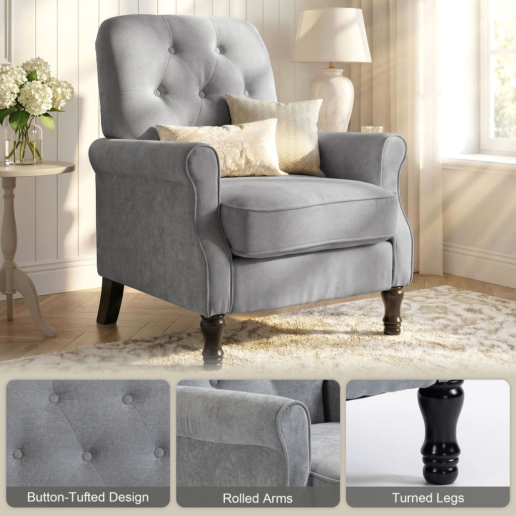 Accent Chair, Mid-Century Modern Armchair with Thick Padded Seat, Spring Cushion, Solid Wood Legs, Grey