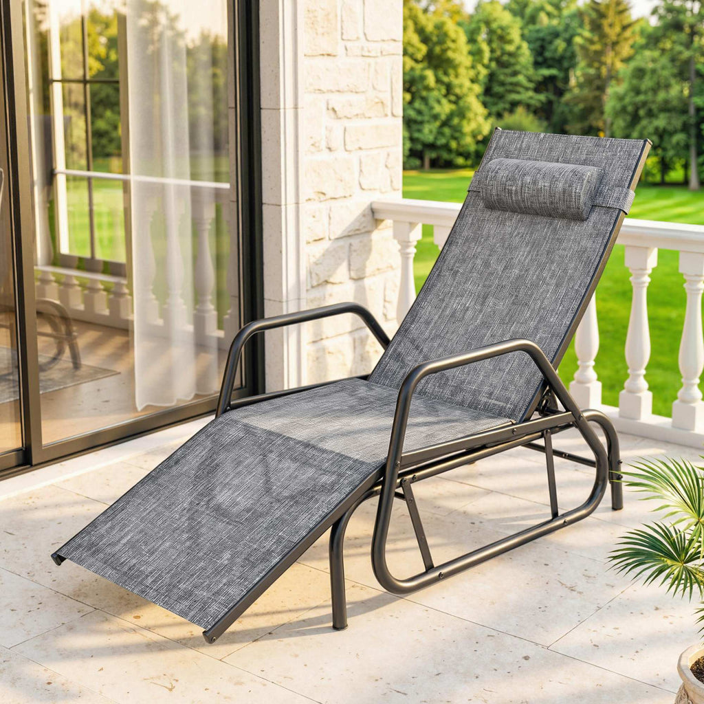 Outdoor Glider Lounge Chair, 3-Position Adjustable Tanning Chair Recliner with Headrest for Garden, Yard, Pool, Grey