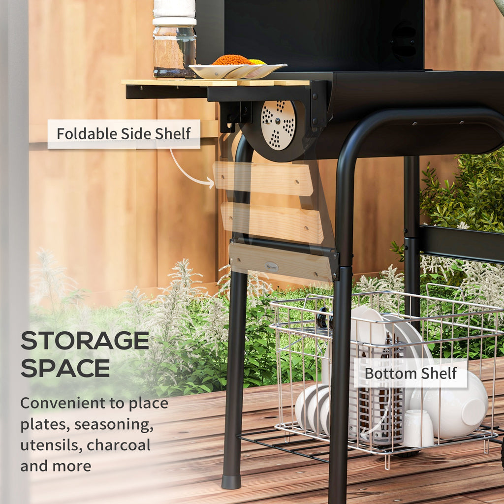Charcoal Barbecue Grill, BBQ with Thermometer, Shelves and Wheels, Black