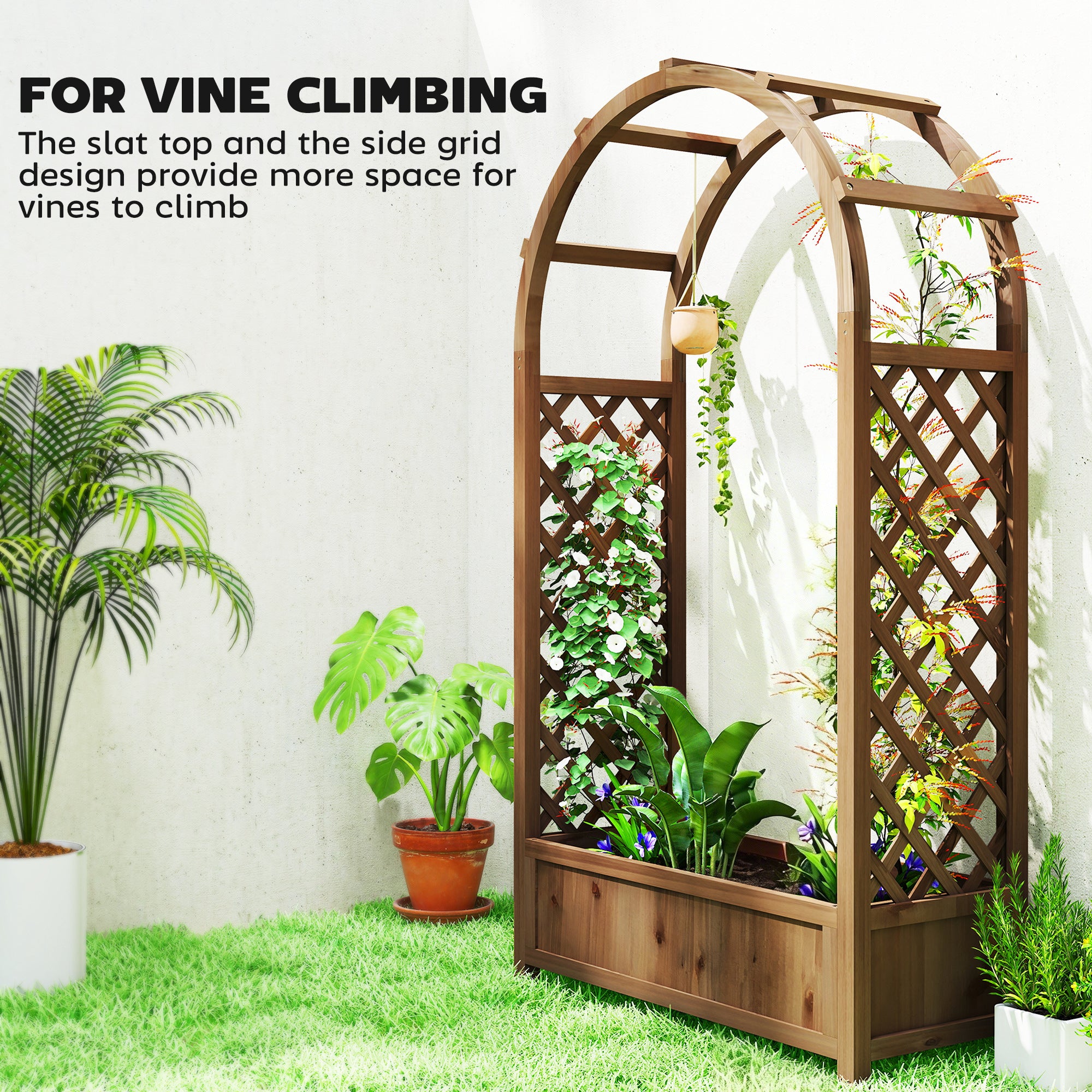 Raised Garden Bed with Arch Trellis, Freestanding Garden Planter Box, Outdoor Planter Container, Dark Brown Wood Effect
