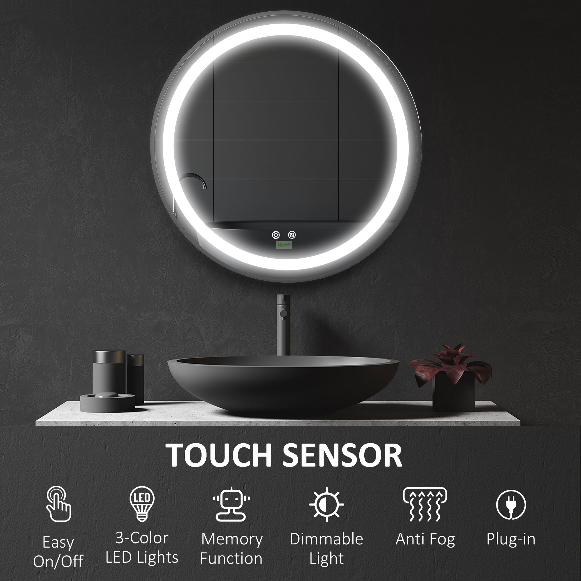 LED Bathroom Mirror for Vanity, Dimmable Lighted Anti Fog Wall Mirror with 3 Temperature Colors, Plug-in, 24 Inch