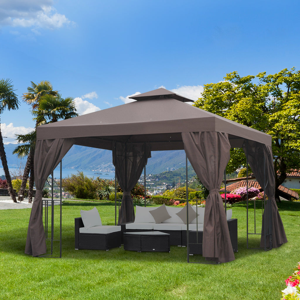 10' x 10' Patio Gazebo Outdoor, Canopy Shelter with Double-tier Roof, Pavilion Sidewalls for Garden Events, Brown