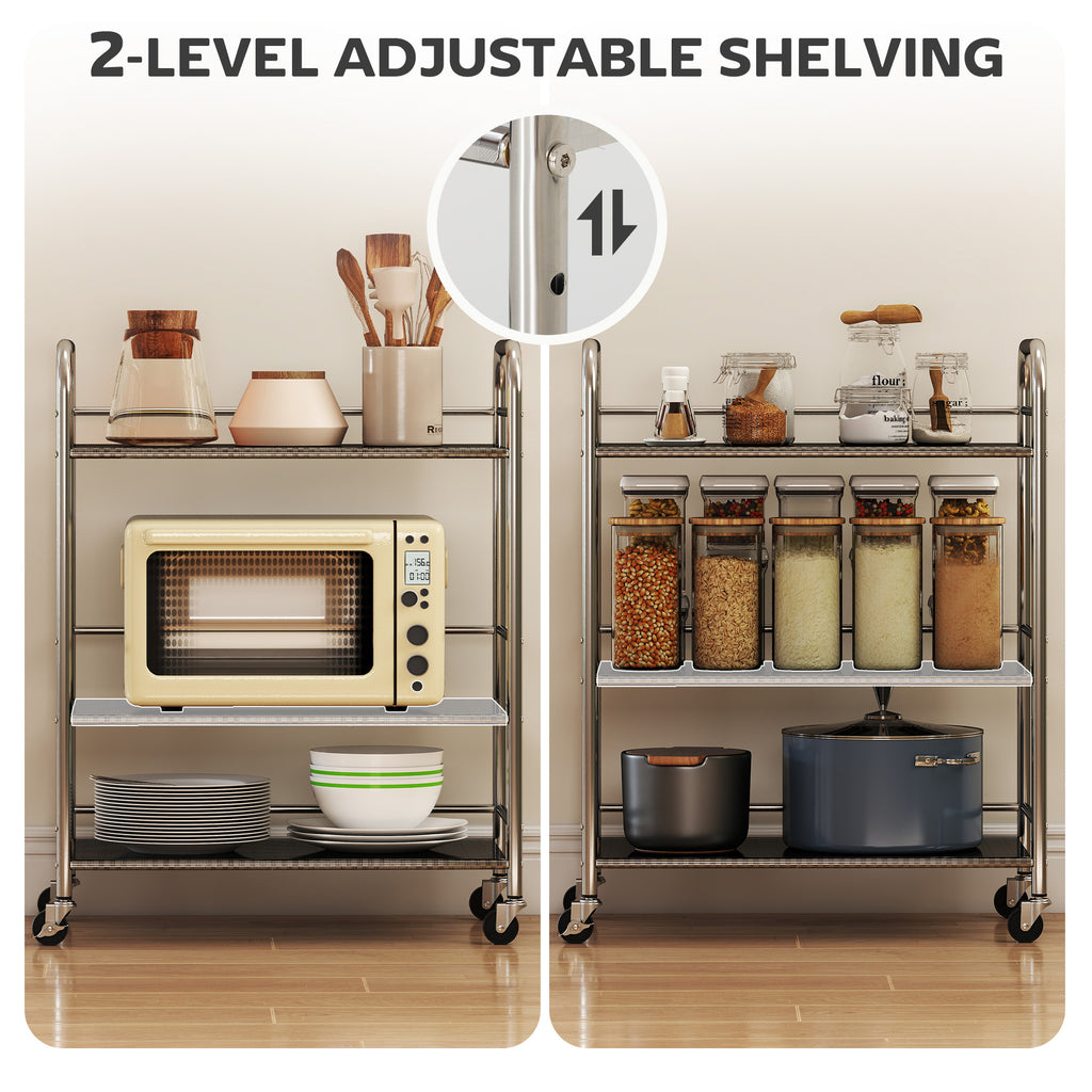 3 Tier Stainless Steel Rolling Cart with Adjustable Shelf, Utility Cart on Wheels with Handles for Kitchen, Silver