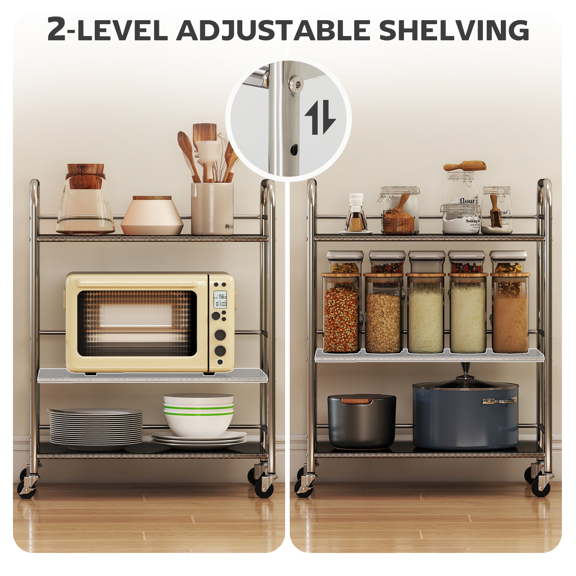3 Tier Stainless Steel Rolling Cart with Adjustable Shelf, Utility Cart on Wheels with Handles for Kitchen, Silver