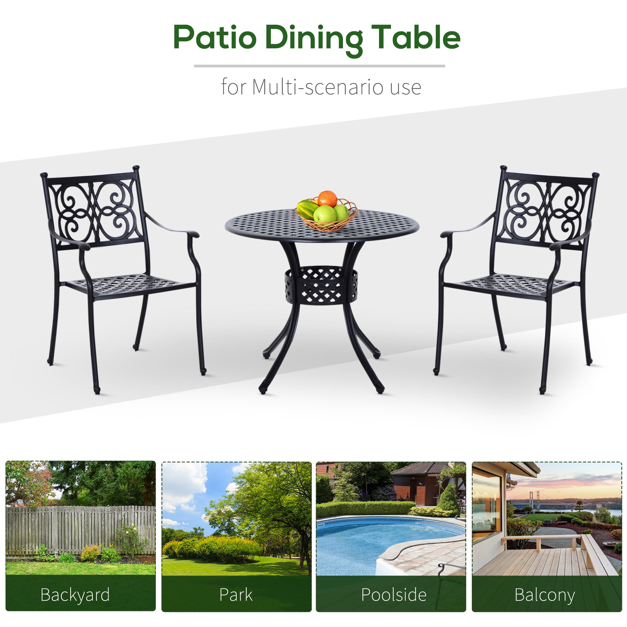 33-Inch Roud Patio Dining Table with Umbrella Hole, Cast Aluminum Garden Table, All Weather Patio Bisto Table, for Lawn, Garden, Outside, Black