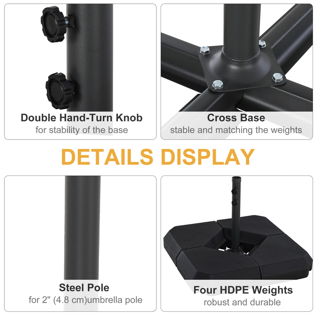 Umbrella Stand Fitting 2" Poles and Steel Base with 4 Fillable Plastic Weights, 158lbs Sand or 132lbs Water Filled, Black