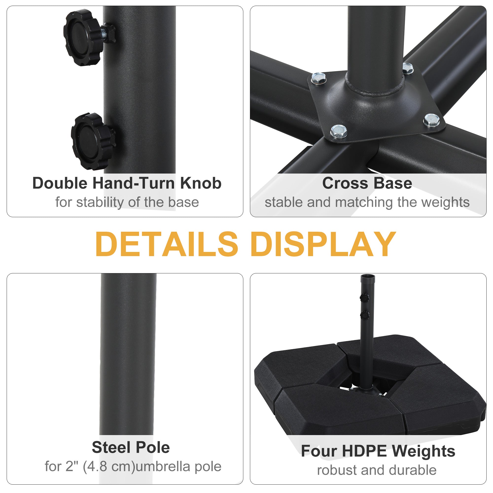Umbrella Stand Fitting 2" Poles and Steel Base with 4 Fillable Plastic Weights, 158lbs Sand or 132lbs Water Filled, Black