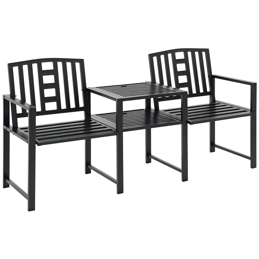Steel Garden Bench w/ Middle Table, Umbrella Hole, Double Seat for Outdoor, Patio, Backyard  Weather-Resistant Frame, Black