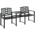 Steel Garden Bench w/ Middle Table, Umbrella Hole, Double Seat for Outdoor, Patio, Backyard  Weather-Resistant Frame, Black