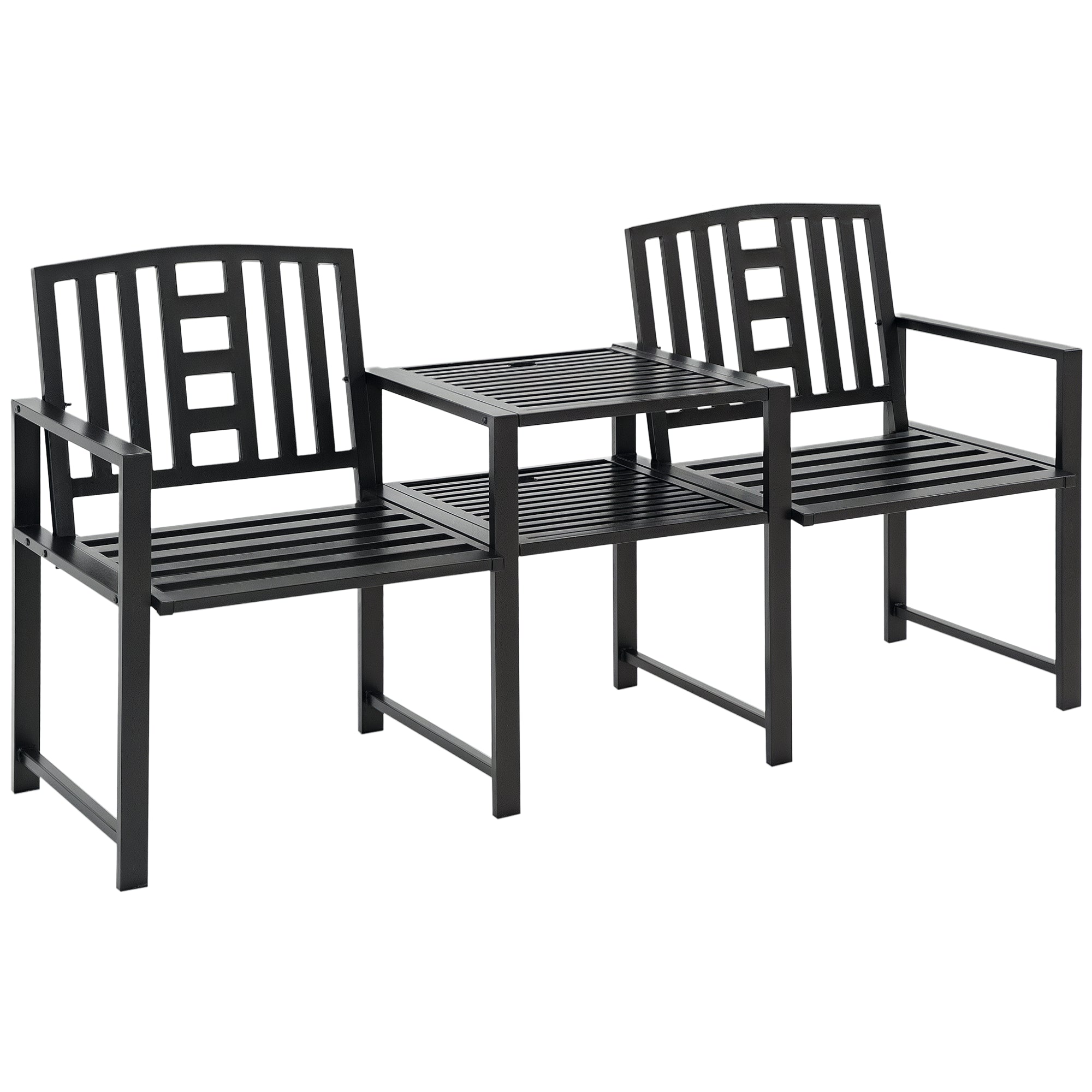 Steel Garden Bench w/ Middle Table, Umbrella Hole, Double Seat for Outdoor, Patio, Backyard  Weather-Resistant Frame, Black
