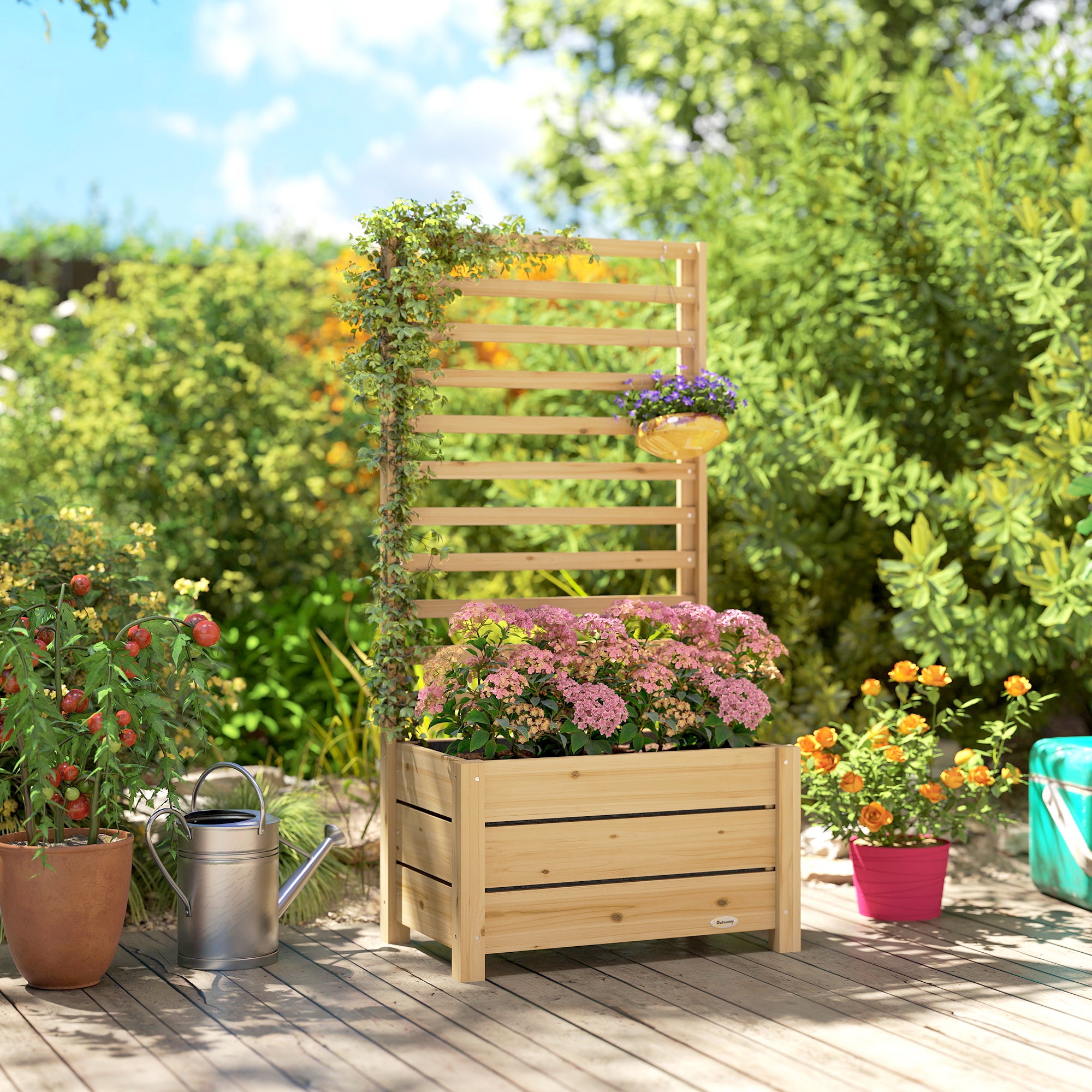 Wooden Raised Garden Bed with Trellis, Outdoor Elevated Planter Box with Drainage Hole and Bed Liner