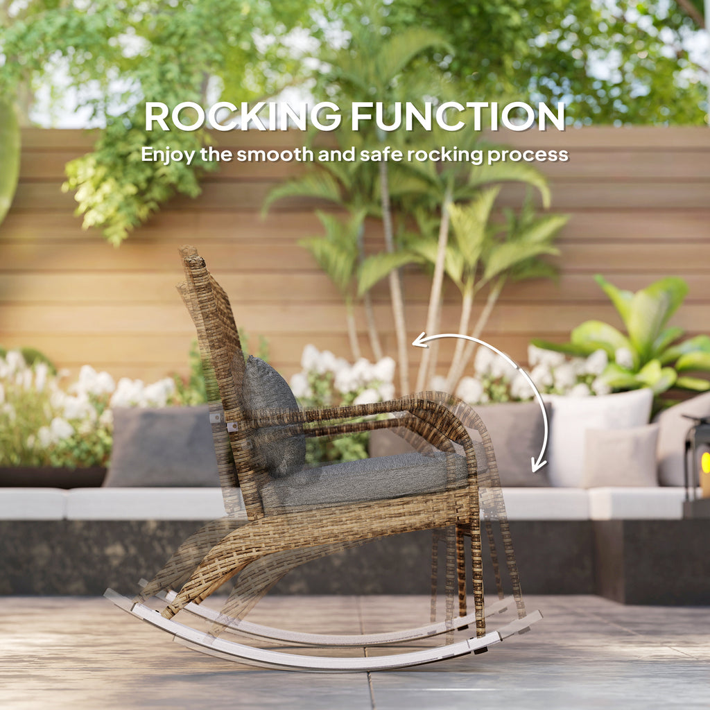 Adirondack Chair, Outdoor Wicker Rocking Chair with High Back, Seat Cushion and Pillow for Porch, Balcony, Grey/Yellow