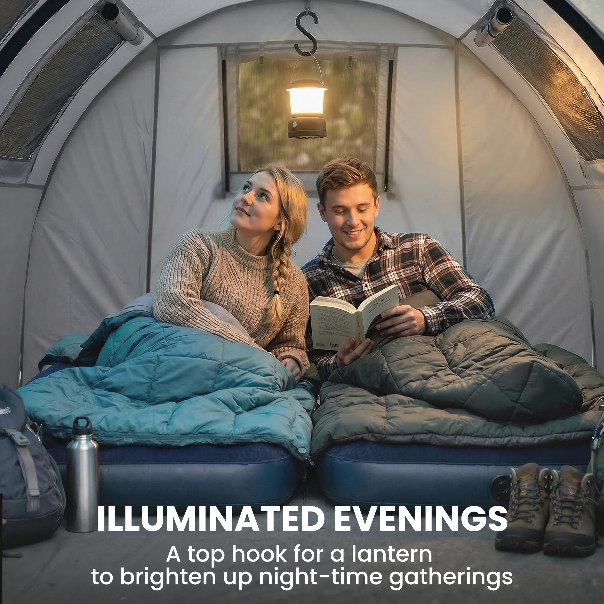 3-4 Person Camping Tent with 2 Rooms, 3000mm Waterproof Portable Family Tent with Carry Bag, Grey