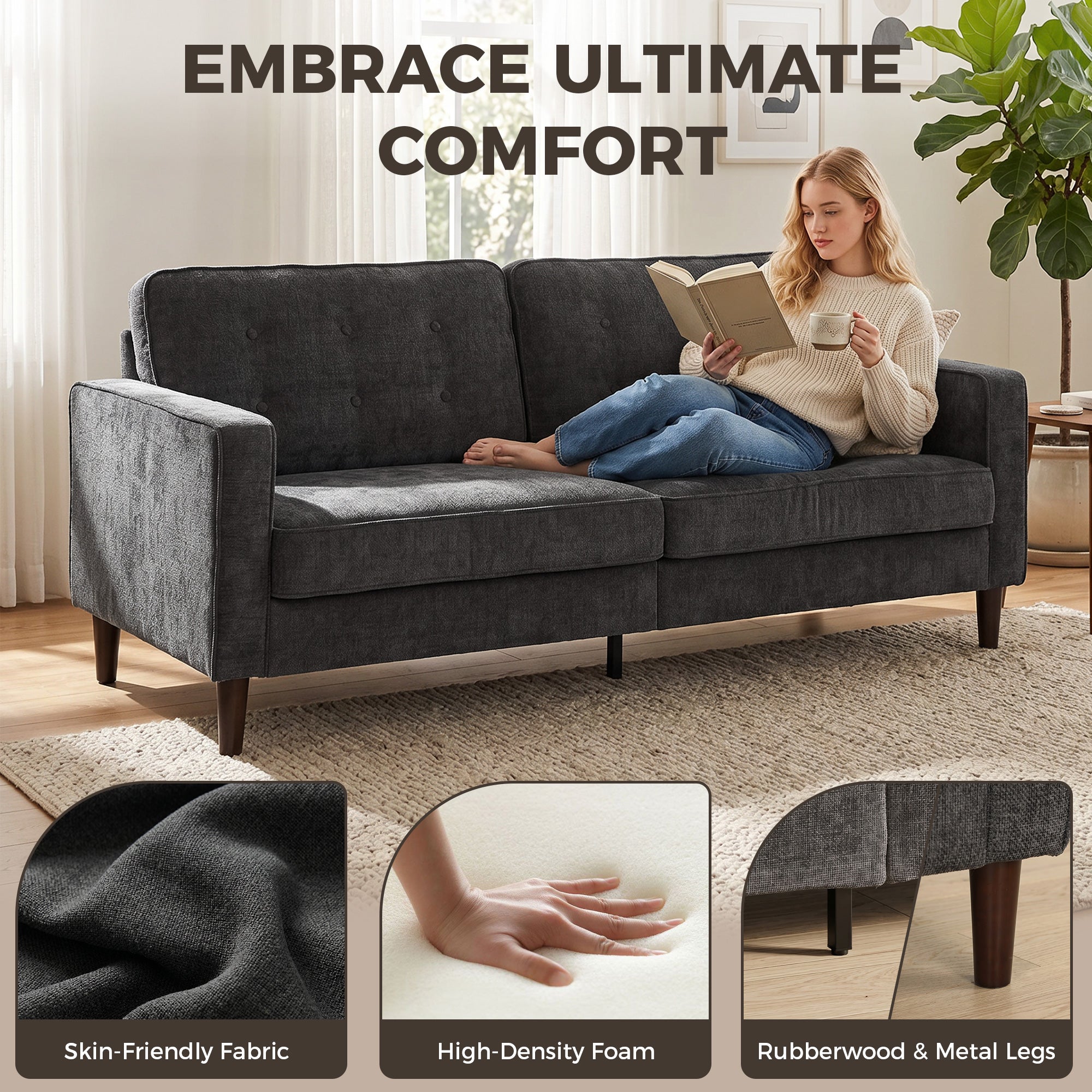3 Seater Sofa Upholstered with Padded Cushion Modern Button Tufted Couch with Wood Legs, Dark Grey